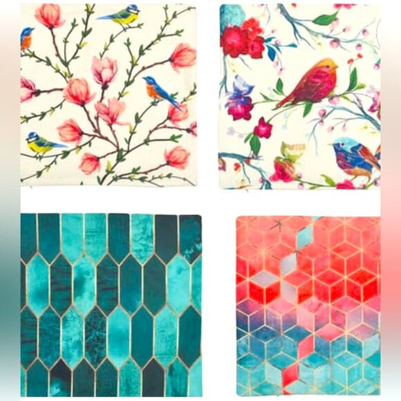 Set of 4 Pillow Covers 2 Bird and Floral Patterns and 2 Geometric Pattern - Picture 3 of 5